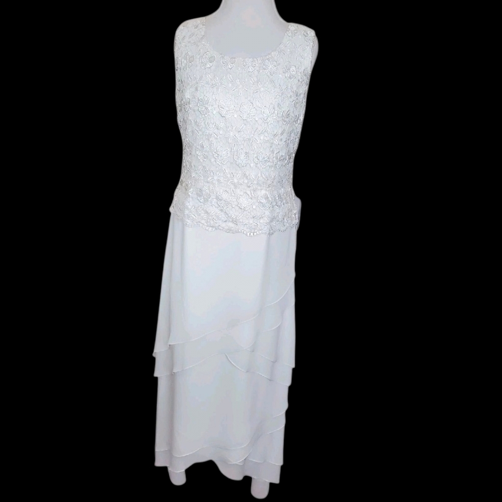 VTG Wedding Dress Sz 10‎ Cream Ivory Crochet Chiffon Layered Long Beach Mature
